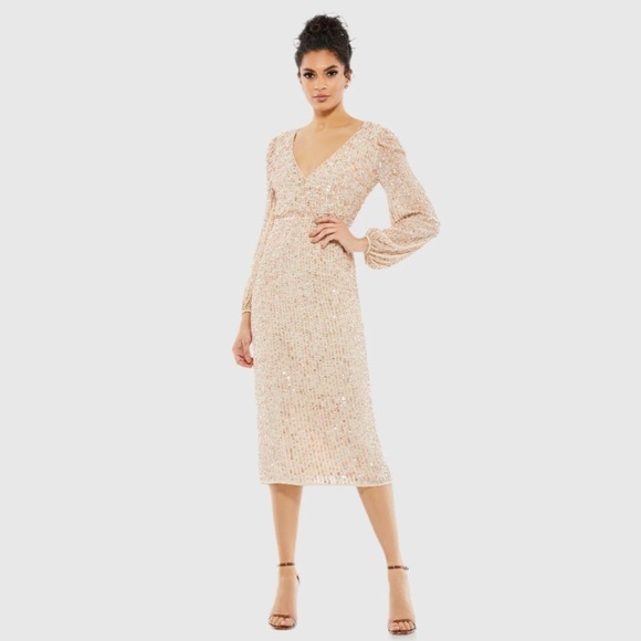 Mac Duggal 10764 NWT Sequined Illusion Puff Sleeve V Neck Midi Dress - Picture 1 of 6